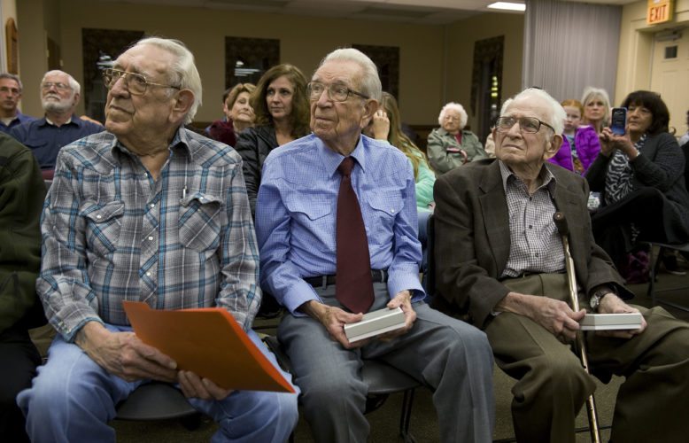 Strasburg Town Council recognized the three Strasburg Updyke brothers, all veterans, for their military service during WWII. From left are Benjamin Franklin Updike, 89, Philip Wayno Updike, 91, and Harold Updike, 92. Rich Cooley/Daily